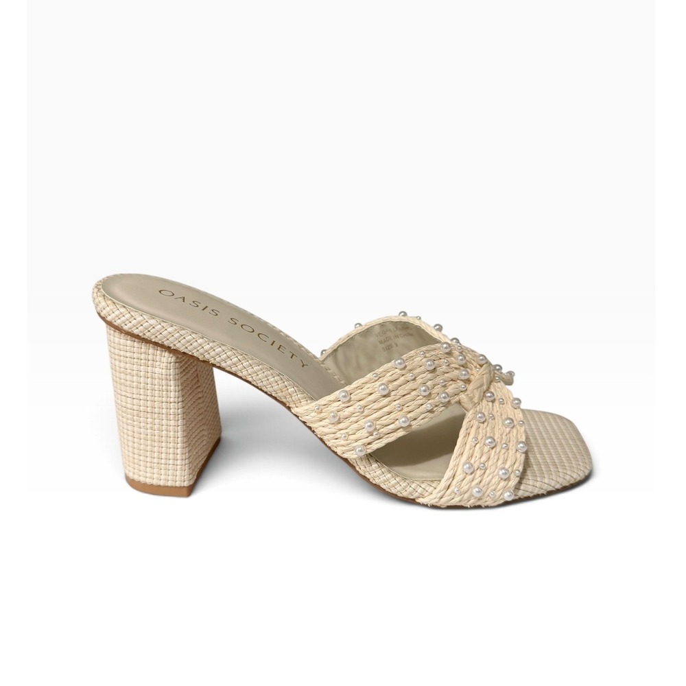Oasis Society The Tiara white Pearl Raffia block Heels Size 9